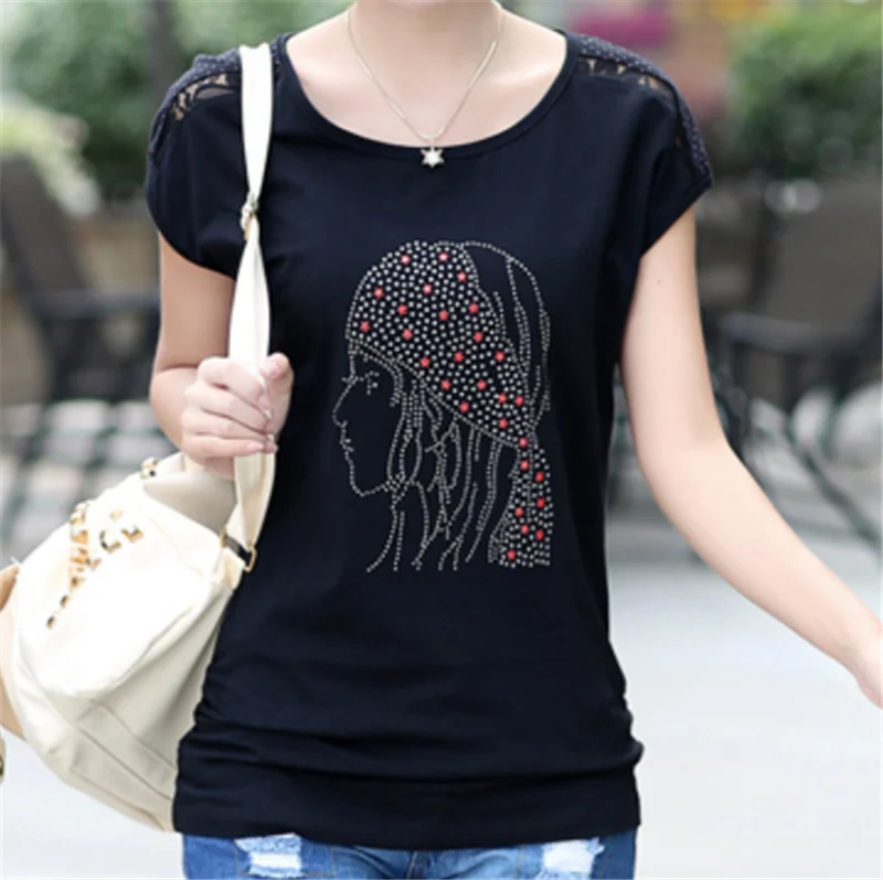 

Hot Diamond girl T-Shirts 2019 Summer New woman Short Sleeve Rhinestone lace tshirt Women Tops plus size xxxl Vetement Femme