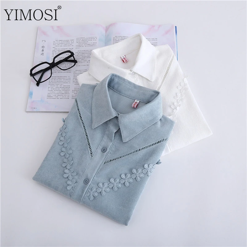 

Autumn Winter Women Floral Embroidery Blouse Shirt Lady Office Tops 2019 Casaul Long Sleeve Hollow Out Corduroy Shirt Blouses