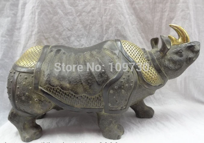 

003079 17" Chinese Bronze Gilt Wealth Bull Rhinoceros Horn Statue Rhino Horned Animals