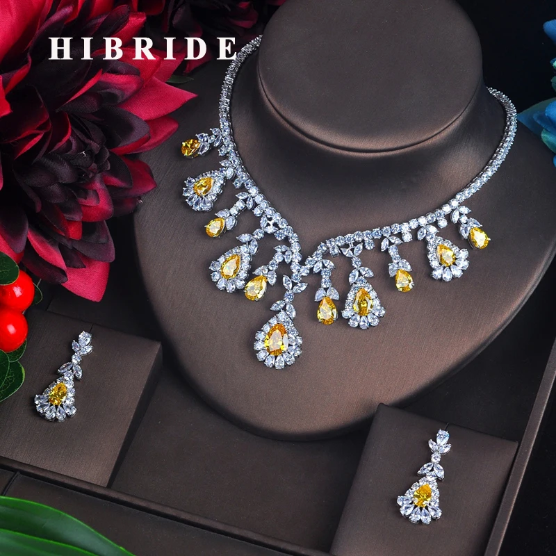 

HIBRIDE High Quality White And Red Cubic Zircon Pendant Jewelry Sets White Gold-Color Female Jewelry Engagement Gifts N-215