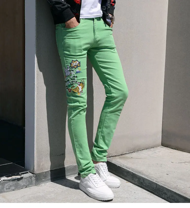 Fashion Streetwear Mens Jeans Slim Fit Elastic Punk Pants Hip Hop Jeans Embroidery Denim Trousers Men Pink Yellow Green Color