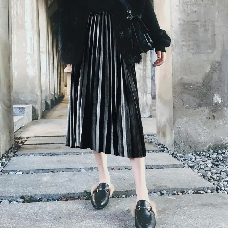 Женская Вельветовая длинная юбка, Осень-зима, корейский стиль, Женская эластичная повседневная юбка-пачка с высокой талией, Женская плиссированная юбка V01