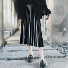 Женская Вельветовая длинная юбка, Осень-зима, корейский стиль, Женская эластичная повседневная юбка-пачка с высокой талией, Женская плиссированная юбка V01