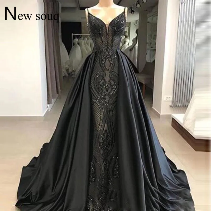 Black Sequin Prom Dresses Two Piece A Line Arabic Evening Dress Vestido De Festa 2019 Custom Made Islamic Dubai Saudi Party Gown sexy ball gowns Evening Dresses