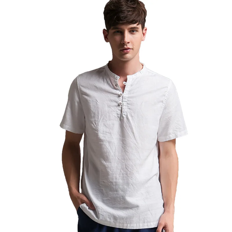 New design summer linen shirt men short sleeve shirt mens casual stand ...