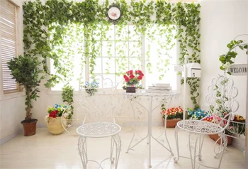 Billig Laeacco Zimmer Schreibtisch Stuhl Grün Rattan Blumen Fenster Szene Fotografie Hintergrund Fotografischen Hintergrund Für Foto Studio