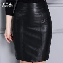 Новинка, модные офисные женские Облегающие юбки из натуральной кожи с карманами на молнии, женские юбки из овечьей кожи длиной до колена, Falda размера плюс