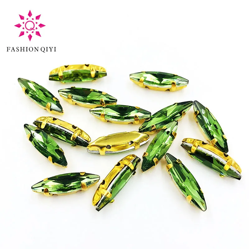 4x15mm Grass green Horse eye shape 50pcs/pack Glass Crystal Gold bottom sew on claw rhinestones with hole diy Sewing On Garment