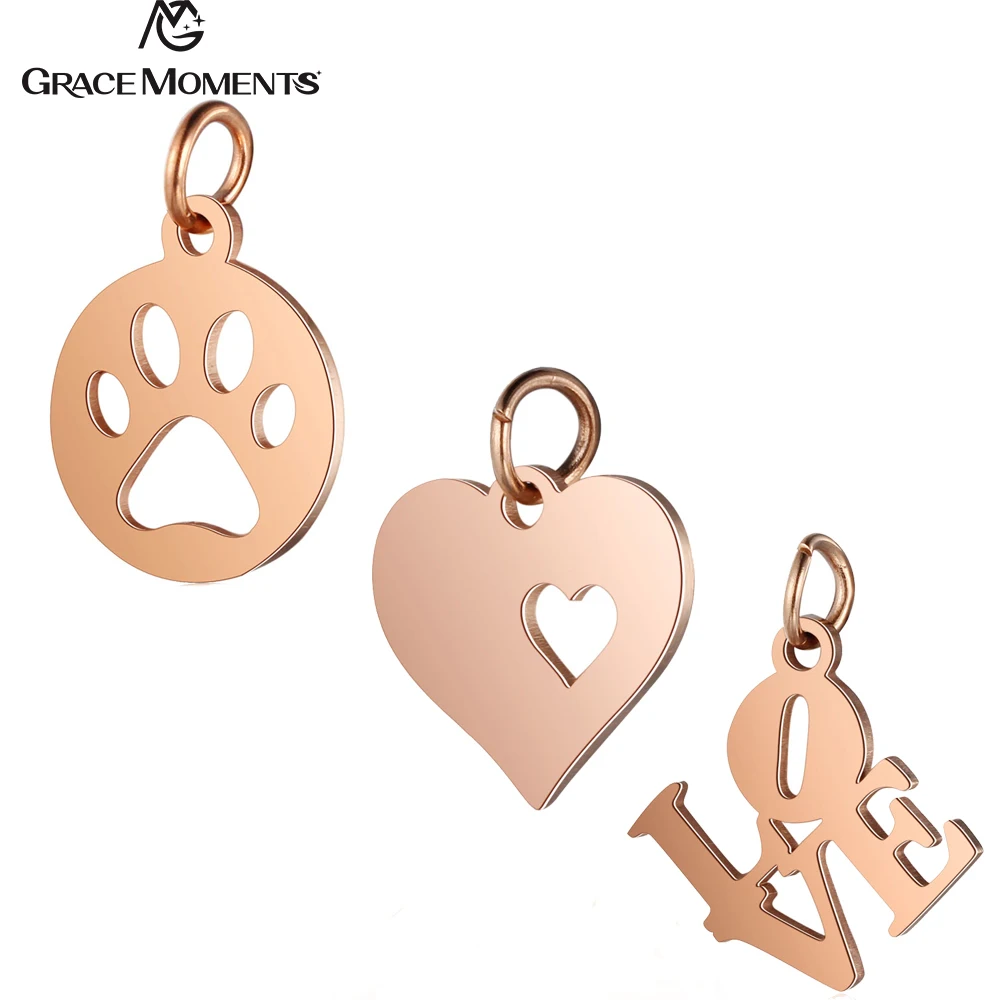 

5pcs/Lot 316L Stainless Steel Charms Rose Gold Color Hollow Dog Paw Heart Love Charms Pendants for Jewelry Making DIY Handmade