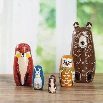 

5 Wooden Russian Hand Painted Animal Bear Nesting Dolls Unique Children Adults Toys Matryoshka Toy Decor Kid Gift