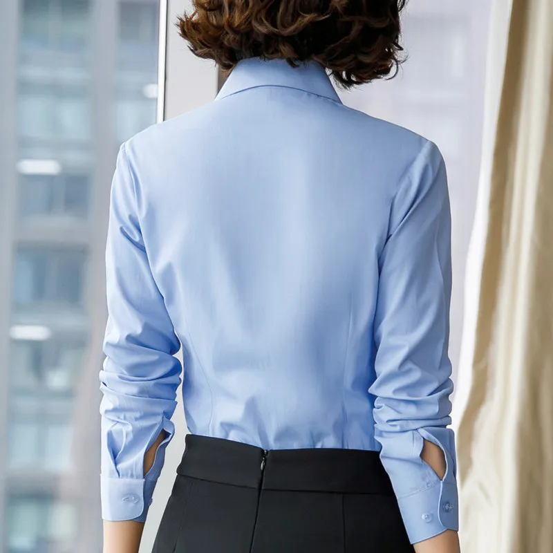 Новинка, осенняя Женская хлопковая рубашка, модная, темпераментная, длинный рукав, тонкая, формальная блузка, офисная, для девушек, для работы, топы белого и синего цвета