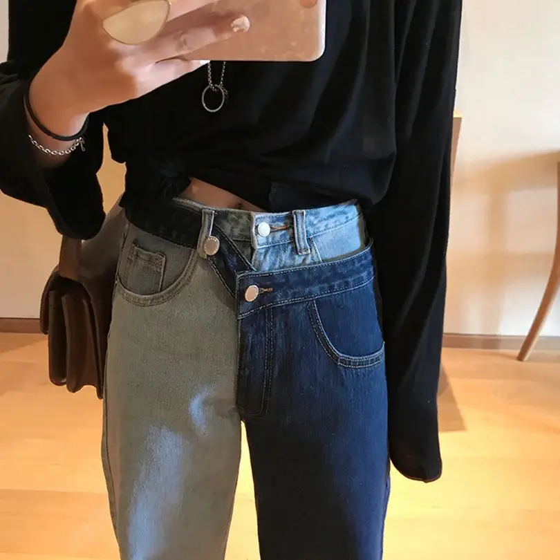 Модные Винтаж Высокая талия бойфренд джинсы для женщин для Лоскутное контрастного цвета Отделяемый джинсовый костюм прямые джинсовые