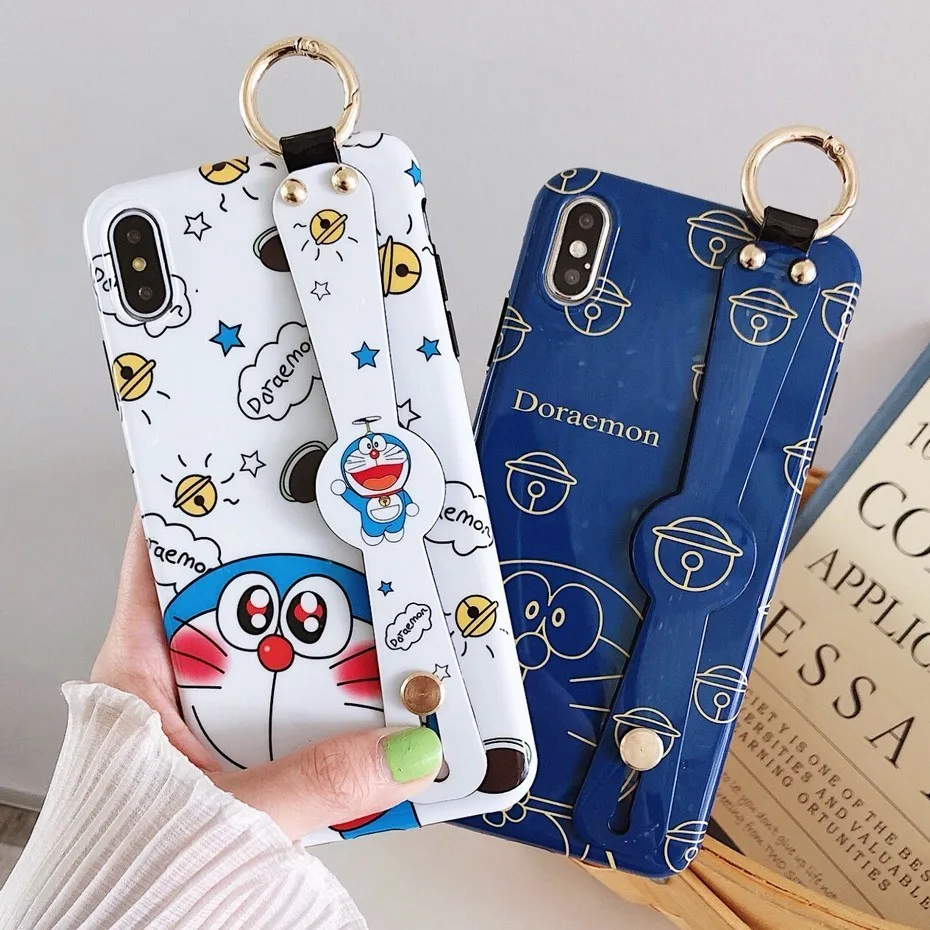

Cartoon Doraemon Phone Case for iPhone 7 8 6S 6 Plus X XR XS Max Luxury Cute Anime Wrist Strap Stand Cover Funda for iPhone X