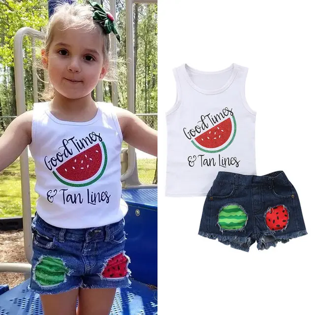 Toddler Kids Baby Girls Watermelon Vest Tops Denim Shorts Pants Jeans 2PCS Outfits Summer Clothes Set 1-5T 2