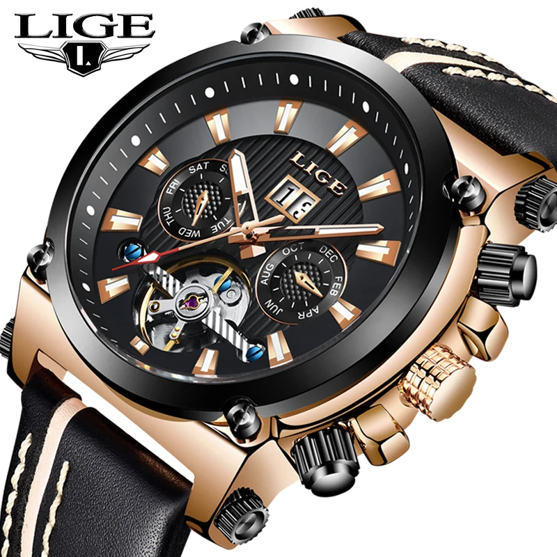 

NewLIGE Men Watches Fashion Tourbillon Business Waterproof Watch Men Casual Leather Automatic Mechanical Watch Relogio Masculino