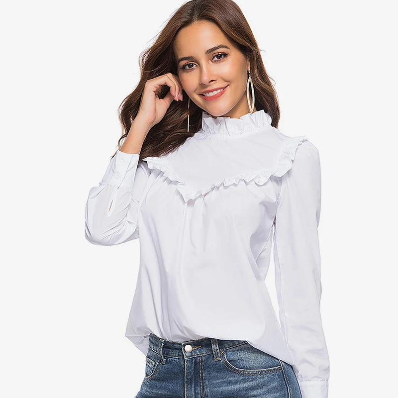 

White Ruffled Frill Neck Long Sleeve Women's Blouse Solid Turtleneck OL Sweet Woman Tops 2019 Fashion Autumn Tunic Shirts