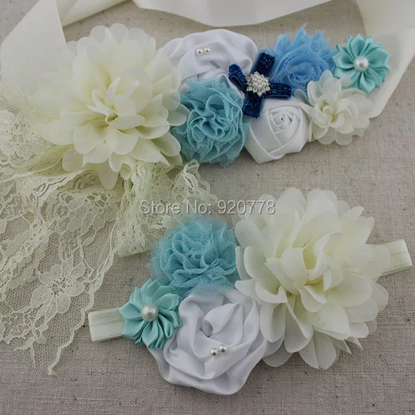 2pcs/set Light blue Ivory flower sash matching headband baby girl