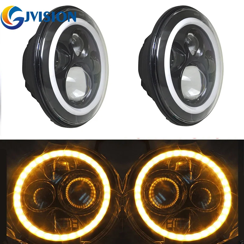 Pair 7 inch 80W Black Projector headlight Round H4 H13 LED Headlights White/Amber halo Ring angel eyes for Jeep Wrangler JK CJ Pair 7 inch 80W Black Projector headlight Round H4 H13 LED Headlights White/Amber halo Ring angel eyes for Jeep Wrangler JK CJ