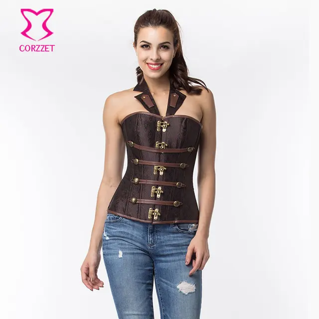 aliexpress buy vintage brown brocade halter collar steunk corset waist trainer steel brown halter neck collar bustier corset top korsett for corsets aliexpress buy vintage brown brocade halter collar steunk corset waist trainer steel brown halter neck collar bustier corset top korsett for corsets