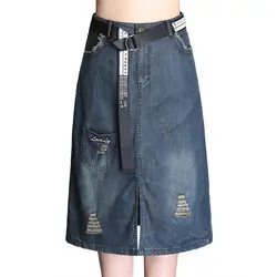 2018 Новая мода отверстие джинсовая юбка карман плюс Размеры М-XXXXL Винтаж линия Высокая Талия Джинсовая юбка элегантный Midi дамы Джинсовые
