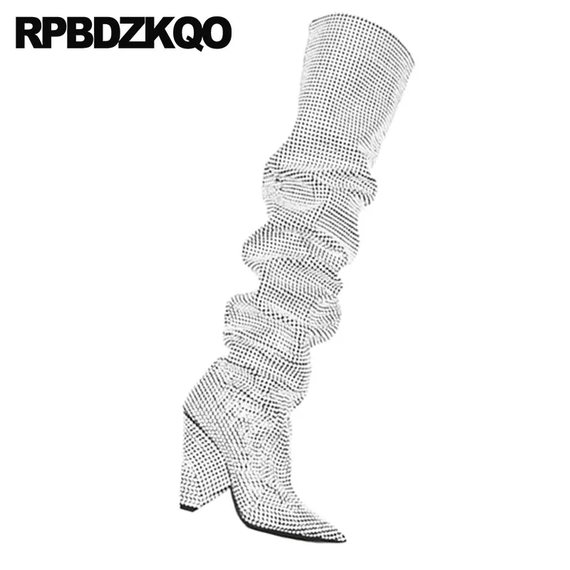 Stiefel Strass Chunky 10 Silber Große Plus Die Oberschenkel Spitz Frauen Knie Hoch Damen Kalb Breiten Dance Schuhe Über Für Ferse Größe P1wqTdRz