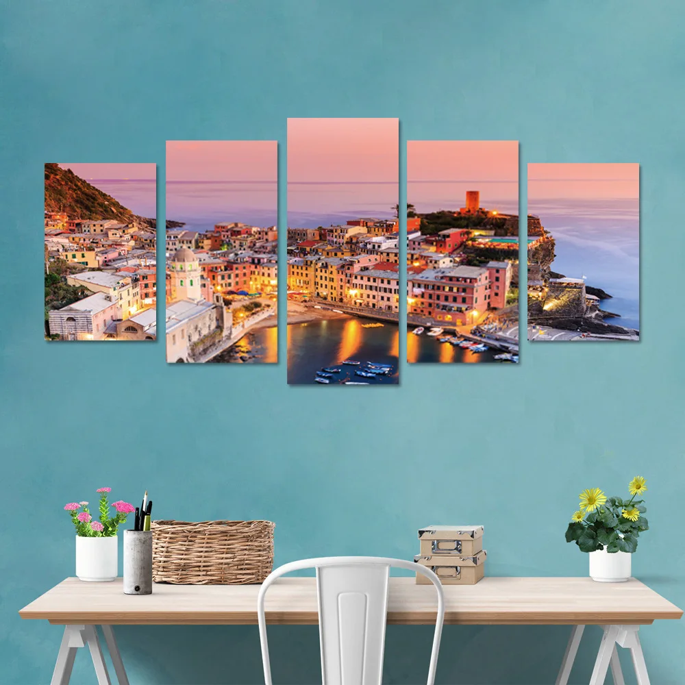 

5pcs/set 3D Italy Cinque Terre Color House Combination Wall Stickers Home Decor Living Room Bedroom Poster DIY PVC Sea Art Mural