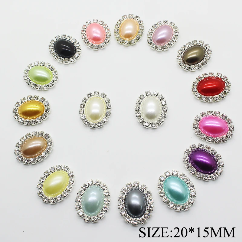 

10pcs/lot 20*15mm Oval Rhinestone Pearl Snap Flat Back Metal Buttons Crystal for Clothes DIY Kids Hair Accessories Decorative