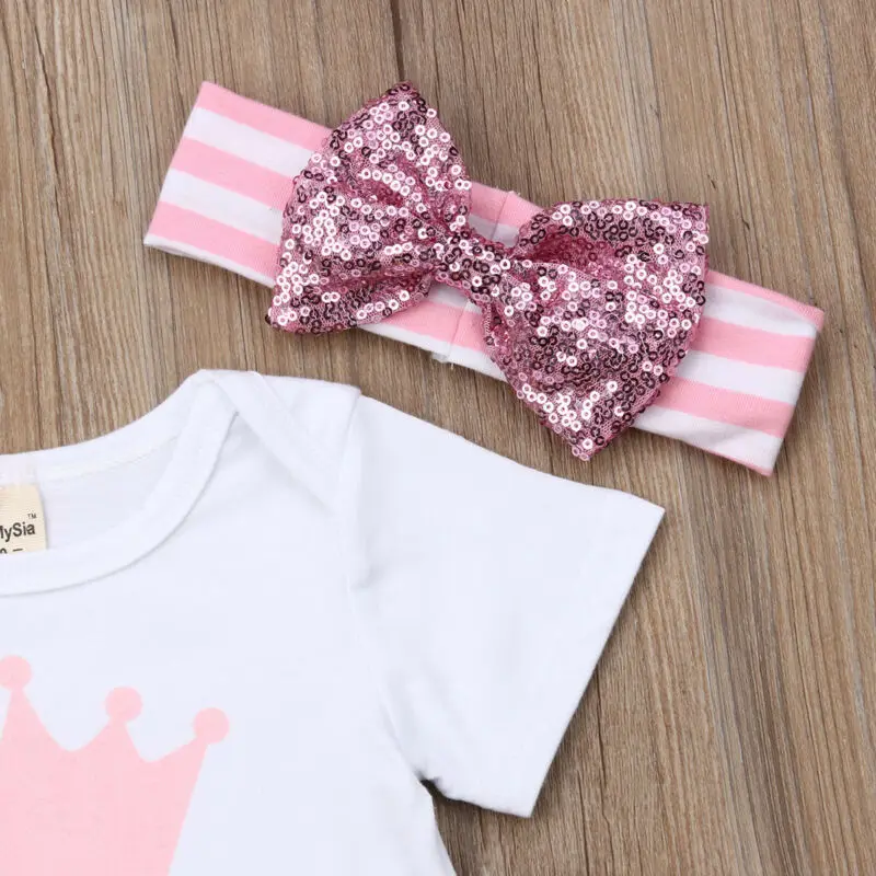 Детское боди с дизайном «Принцесса» для маленьких девочек, топы+ шорты-пачки+ блестки, головные повязки с бантиком, летняя одежда для девочек