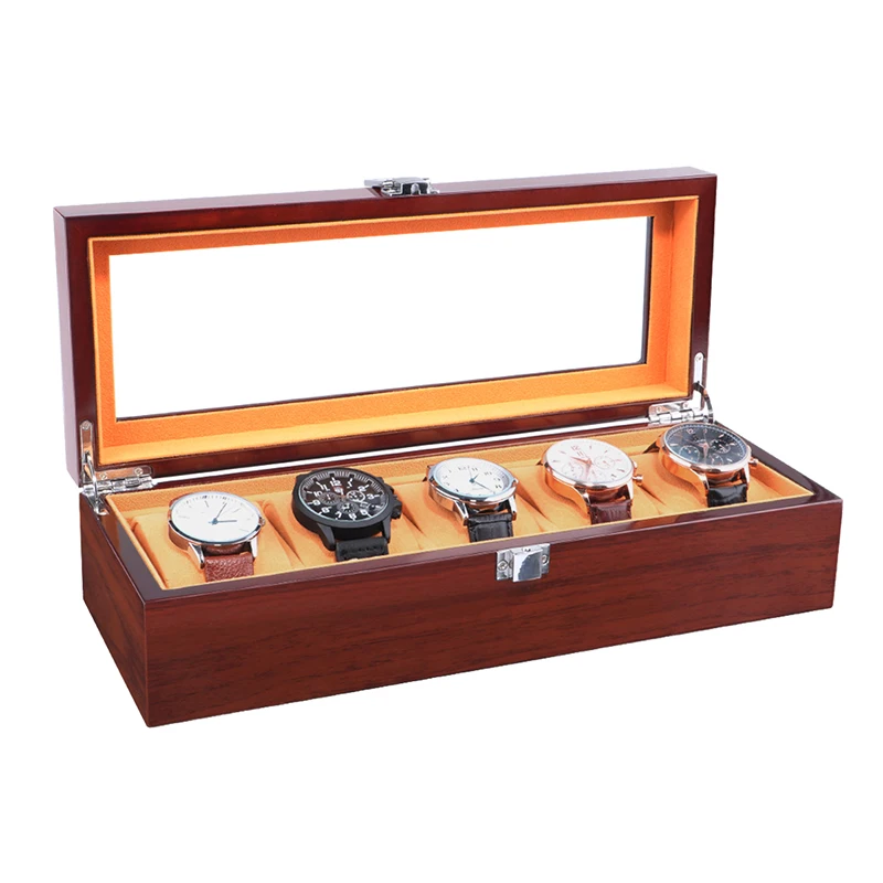 

Watch Box for Men 5 Slot Wood Storage Case Glass Top Steel Lock Accessories Watch Organizer Display Box Luxury Wood Watch Case