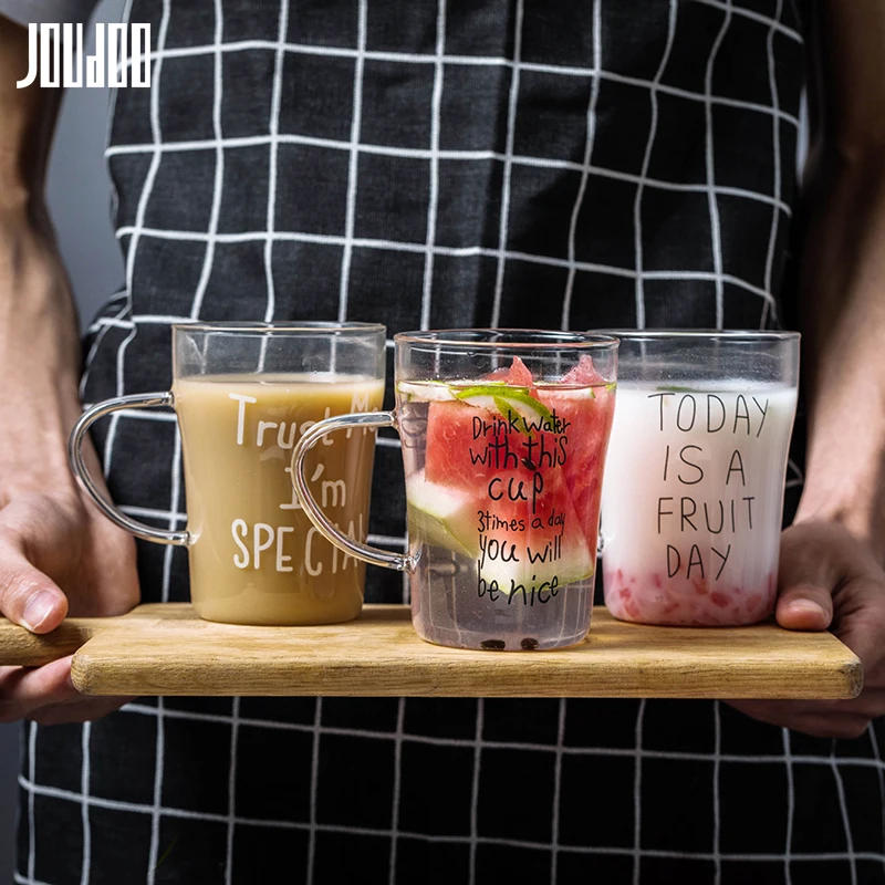

JOUDOO Creative Glass Breakfast Milk Mug Brief Letter Design Juice Cup With Handgrip Home Office Tea Milk Drinkware For Couple35