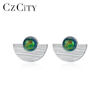 

CZCITY Round Fire Opal Stud Earrings for Women Fine Jewelry Semicircle Solid 925 Sterling Silver Boucles D Oreille Femme SE0404