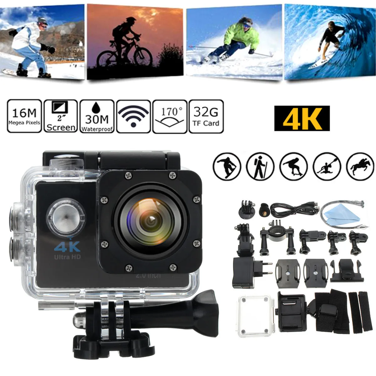 4K Sports Action Camera Ultra HD 4K WiFi 2.0" 170D Underwater