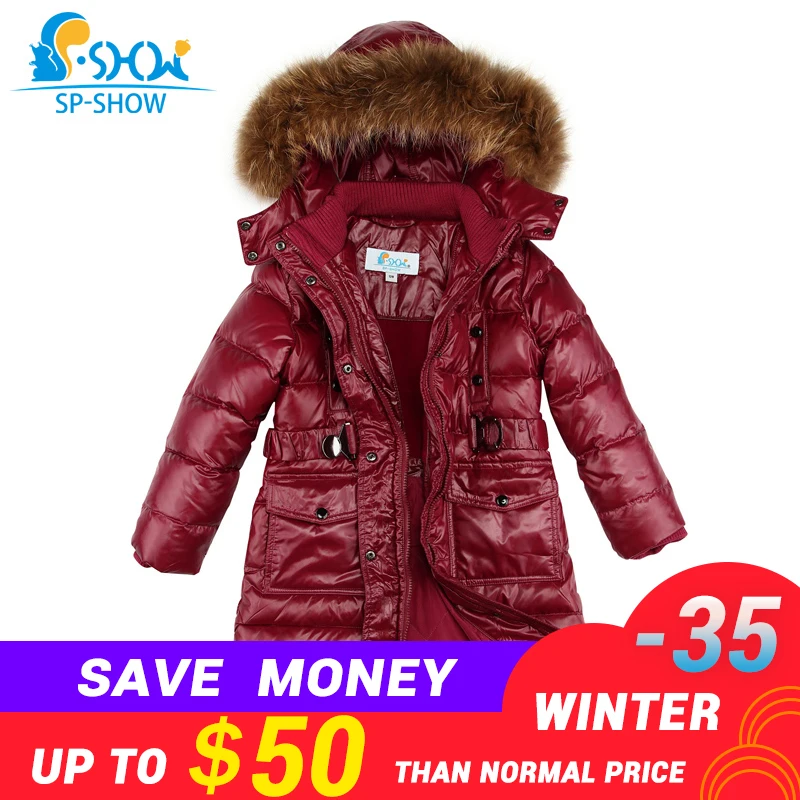 

BUY 1 COAT GET 1 FREE SCARF -30 degrees SP-SHOW Winter 90% White down coats With nature Large Raccoon Fur hat Thick Warm Girls