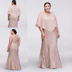 2019 Mother Of the Bride Dresses Jewel Neck Champagne Full Lace With Cape Wrap Beaded Floor Length Mermaid Wedding Guest 2019 Mother Of the Bride Dresses Jewel Neck Champagne Full Lace With Cape Wrap Beaded Floor Length Mermaid Wedding Guest