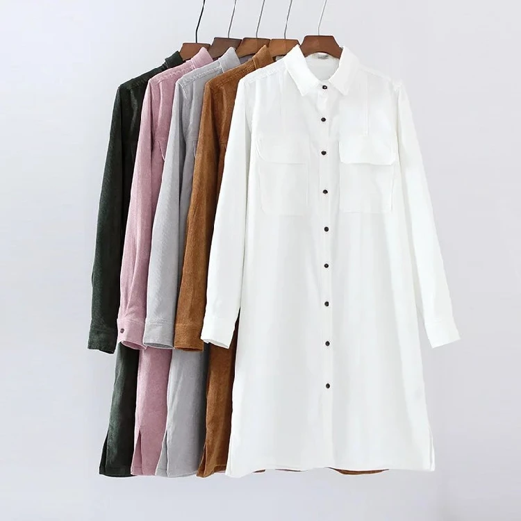 Весенняя Вельветовая ткань женская одежда одноцветная модная женская длинная рубашка стиль свободные винтажные рубашки с отложным воротником