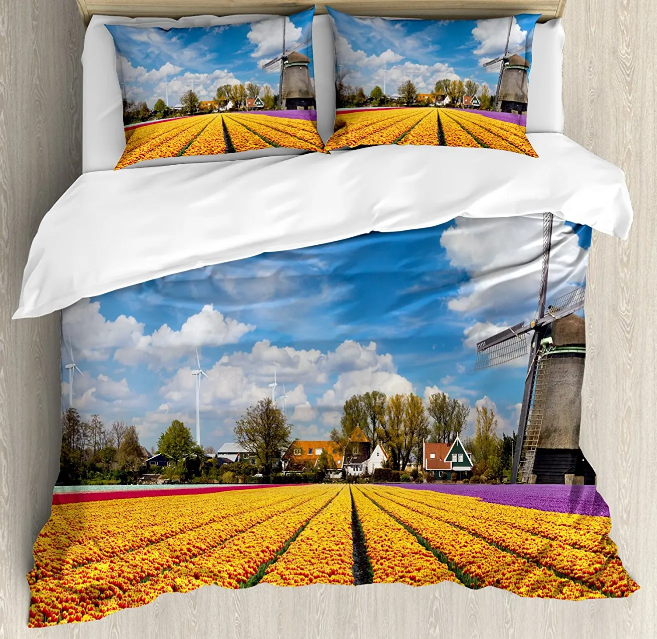 

Duvet Cover Set , Tulips of Holland Countryside Landscape in Springtime with Rustic Houses, 4 Piece Bedding Set