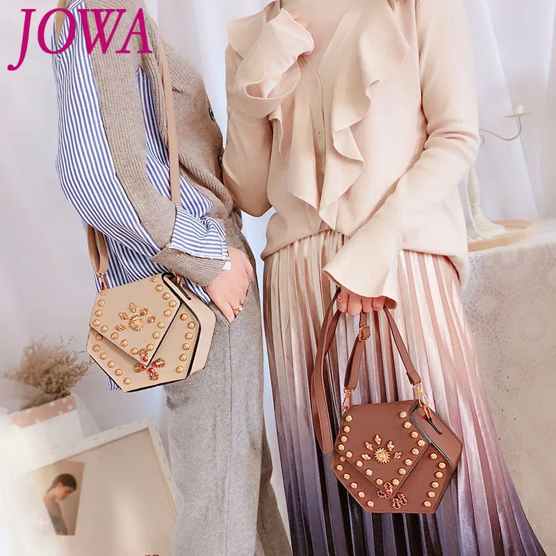 

2019 New Design Women Fashion Handbag Vintage Rivet Cover Shoulder Bags Casual All-Match Mini Hexagon Cross-body Clutch 2 Colors