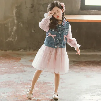 Cowboy Jackets Girls Dress New Spring Long Sleeves Pink Lace Dress Kids Dresses For Girls Autumn Clothing Party Princess Costume 4