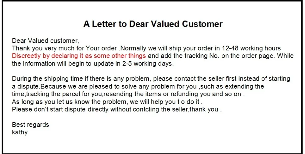 A letter to customer