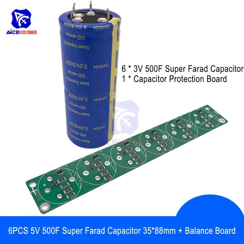 

Solderless 6PCS 3V 500F 35*88mm 4 Pin Super Farad Capacitor Low ESR Super Capacitor with Balancing Protection Board for Car