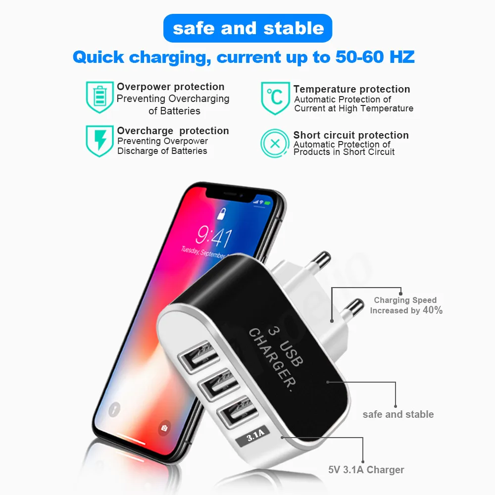 Proelio USB Charger 3 Ports 5V2A Travel USB Wall Power Adapter EU Charger Charging For iPhone Xiaomi Samsung HTC Huawei P20 Lite