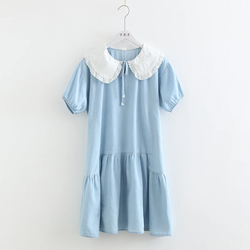 

women denim dress 2019 mori girls summer Japanese style sweet lace peter pan collar blue denim one-piece dress