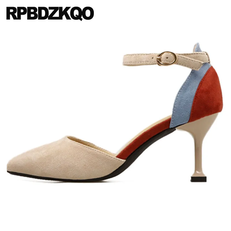 

8cm stiletto 2018 modern size 4 34 kitten women ankle strap sandals medium heels cheap shoes suede pumps thin high pointed toe