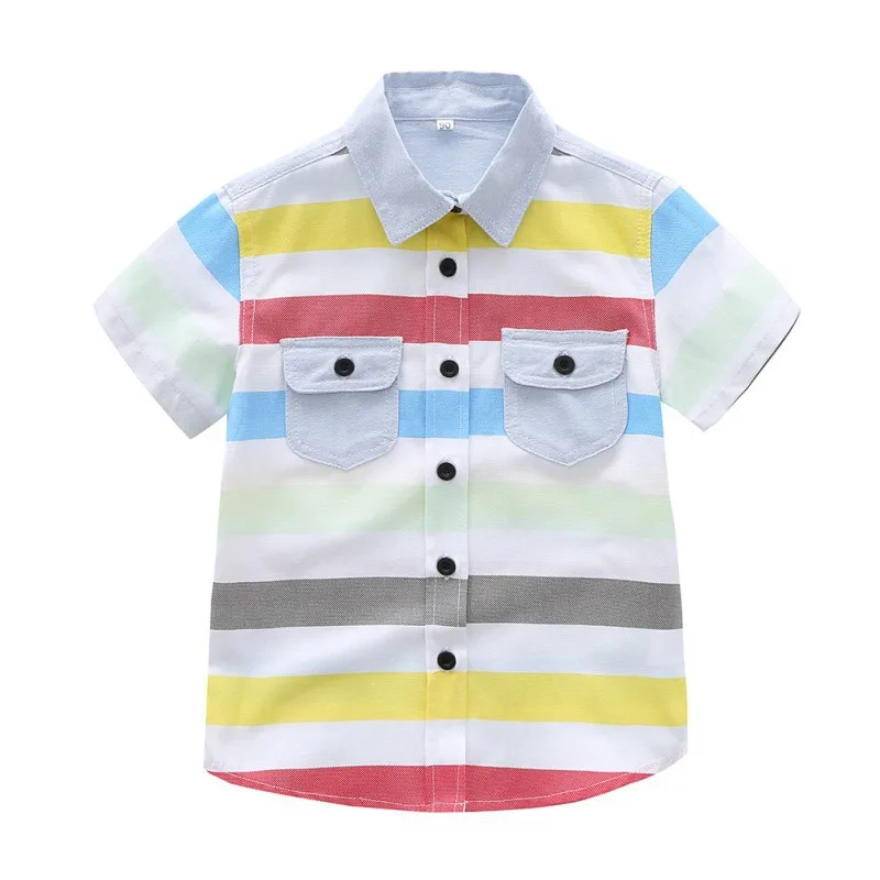 Блузка для мальчиков; милые рубашки в полоску; Одежда для мальчиков; повседневные футболки с короткими рукавами и отложным воротником на пуговицах; школьная одежда для детей - Цвет: Многоцветный