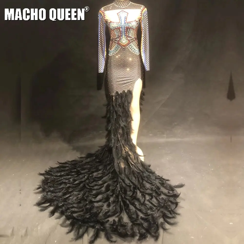 

Drag Queen Costumes Festival Feather Prom Rhinestones Long Evening Party Dresses Sexy Celebrity Red Carpet Floor Length Dress