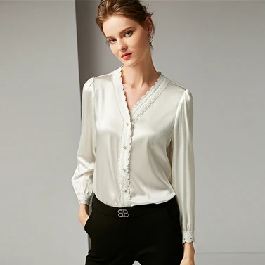 Блузка женская рубашка, 95% шелк, Винтажный дизайн, кружево, v-образный вырез, рукав три четверти, 3 цвета, элегантный стиль, топ, новая мода - Цвет: as picture