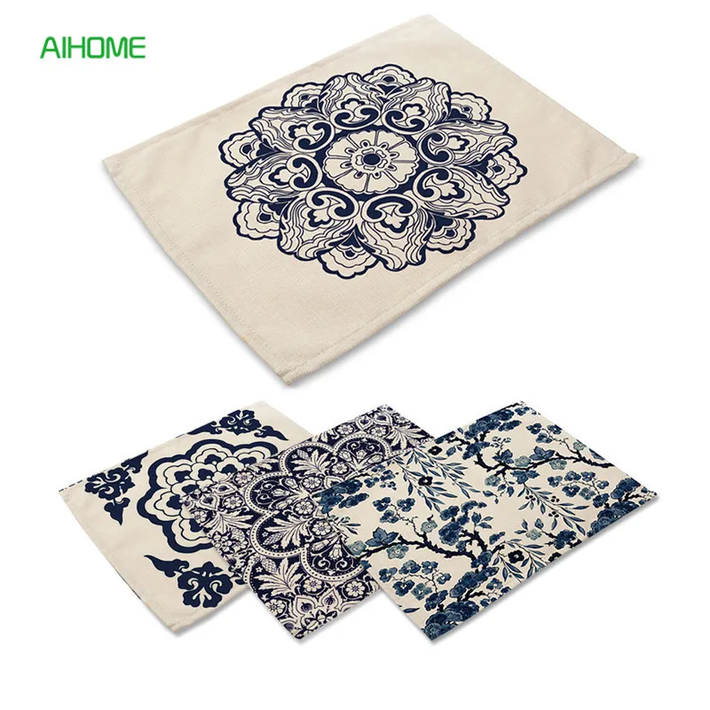 

42*32cm Cotton Linen Placemat Chinese Blue and White Floral Print Table Mats Dinnerware Pad Rectangle Coaster Home Decorations