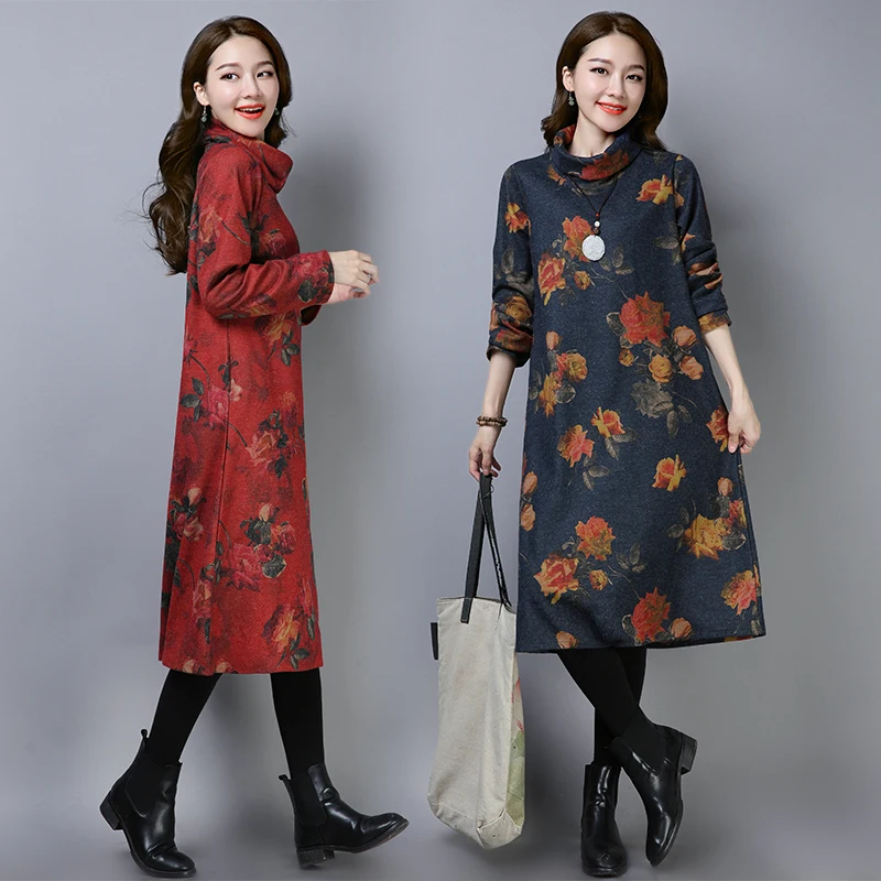 

Fashion New 2019 Autumn Women Dresses Loose Print Floral Casual Cotton Turtleneck Winter Woolen Long Sleeve Thick Vintage Dress