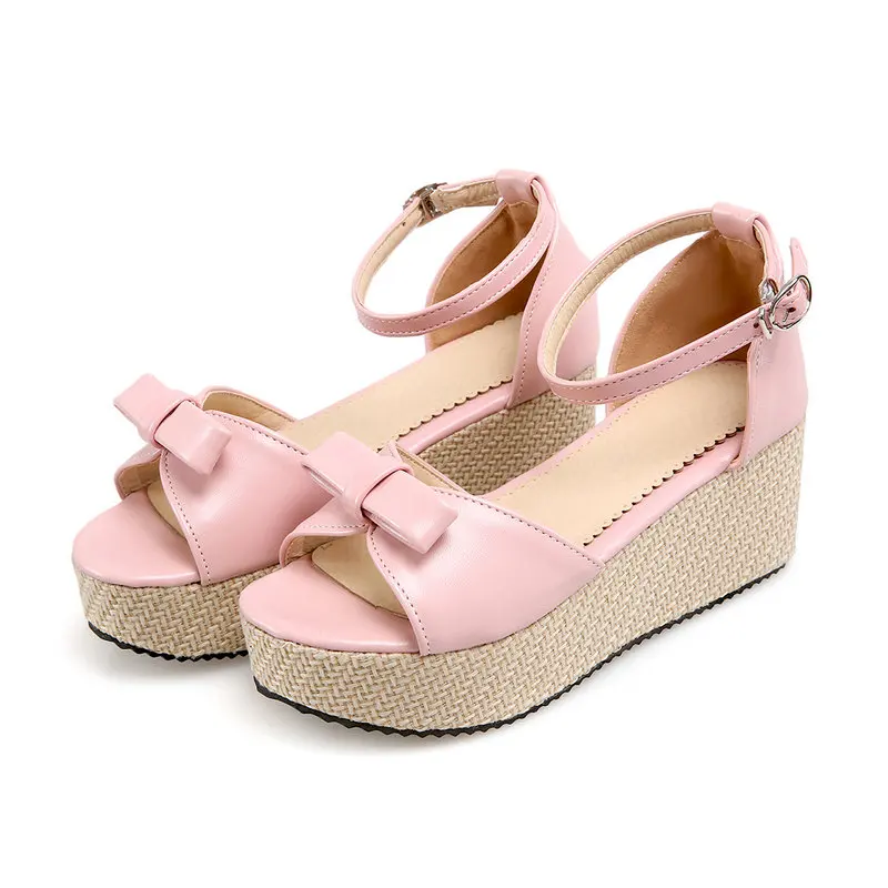 

B2-7 Size 34-39 Girls Bowknot Ankle Strap Sandals Female Flat Platform Shoes Woman Wedges Shoe For Free Shipping Women Shoes
