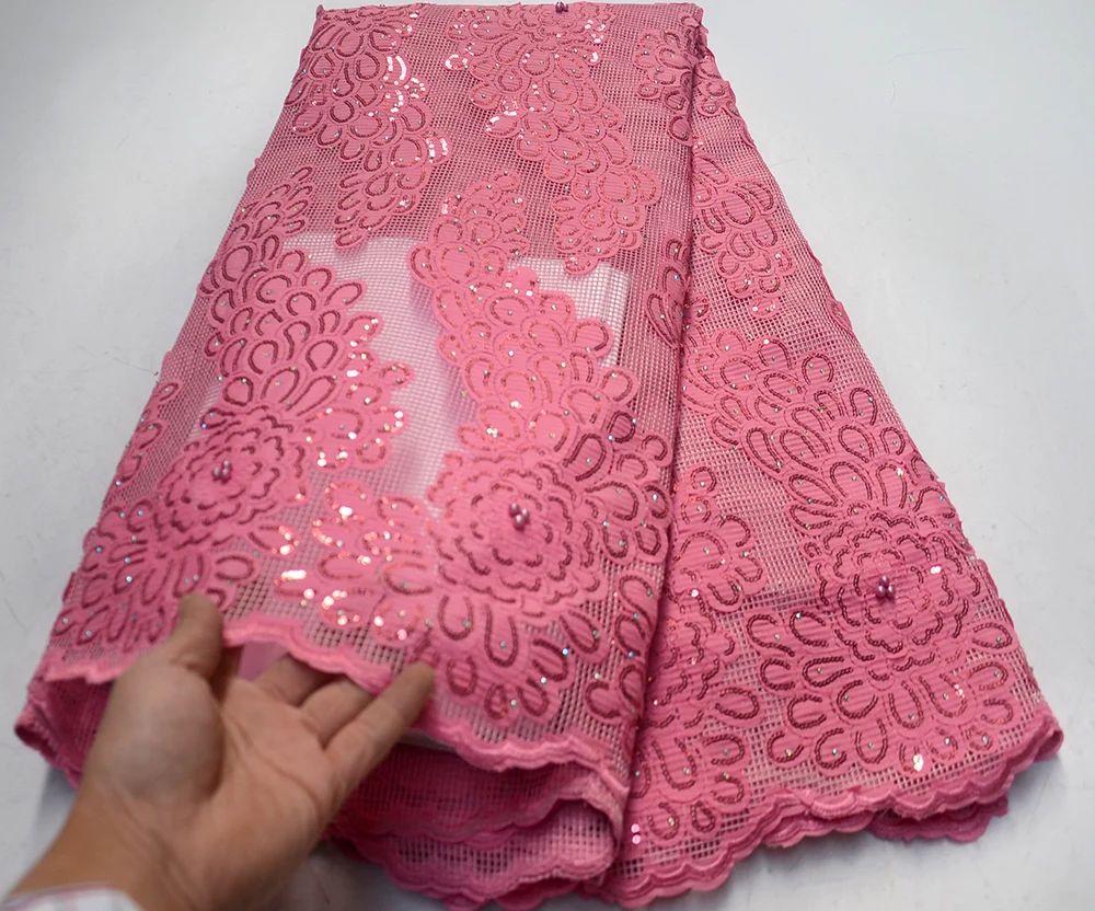 

Pink African french tulle lace fabrics 2019 High Quality with beads Nigerian Sequins Embroidery French tulle lace fabrics